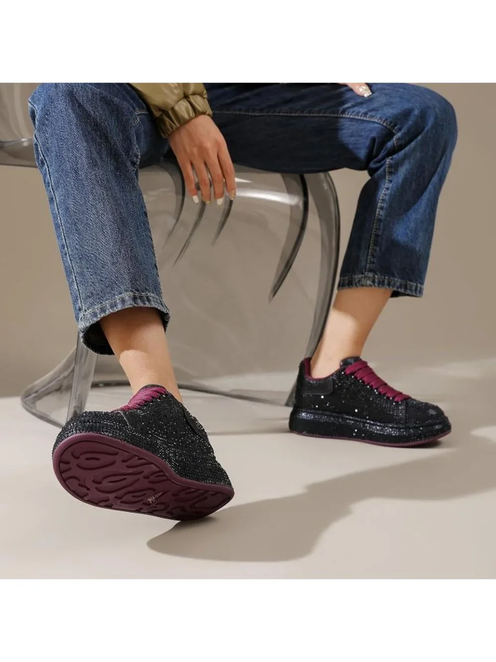 Women's Black Red Glitter Neon Dressy Sparkly Rhinestone Bling Comfort Sneakers